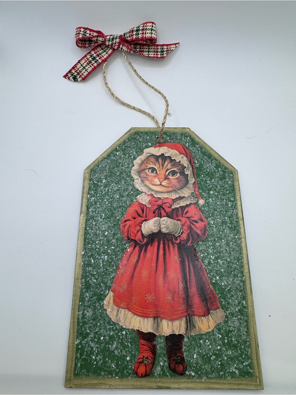 New OOAK Large Wooden Red and Green Victorian Christmas Cat Hanging Tag